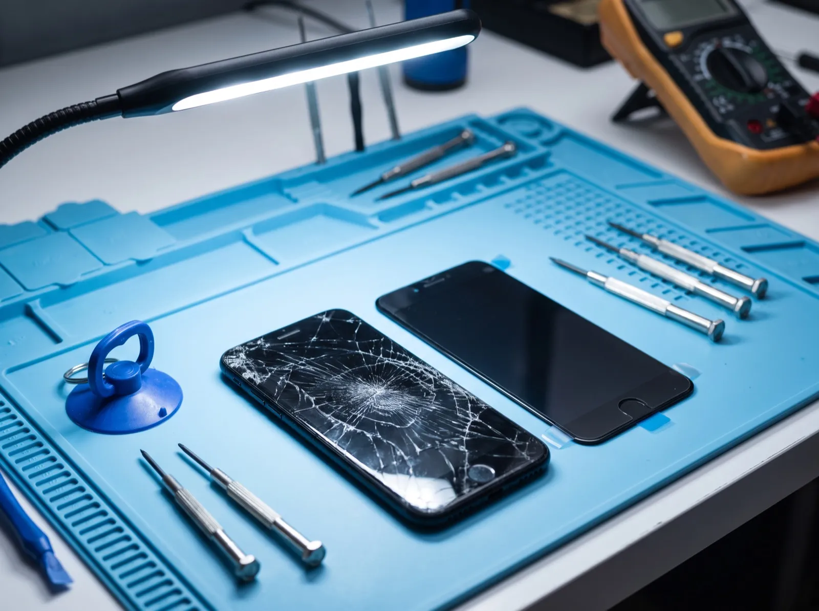Celular con la pantalla estrellada junto a una pantalla nueva sobre la mesa de reparación